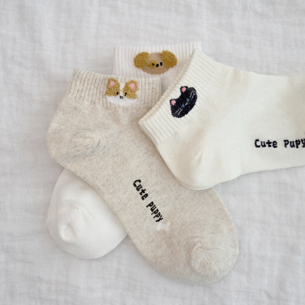 Embroidered Character Ankle Socks - 3 Pair Set -  Simple daily start