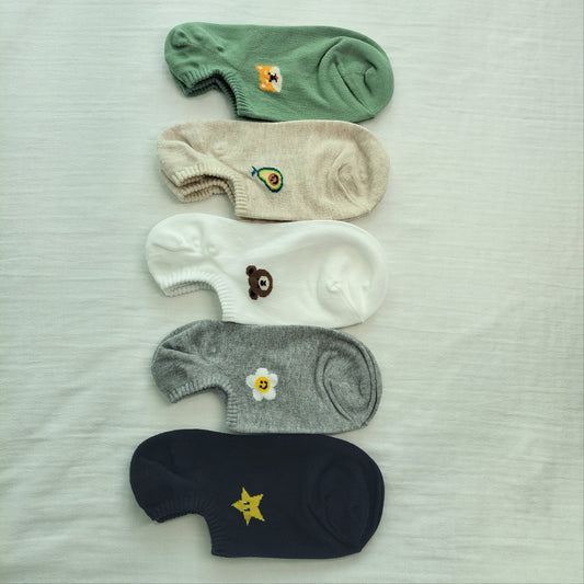 Embroidered No-Show Socks Set (5 Pairs) | Cute Korean-Style Low-Cut Socks